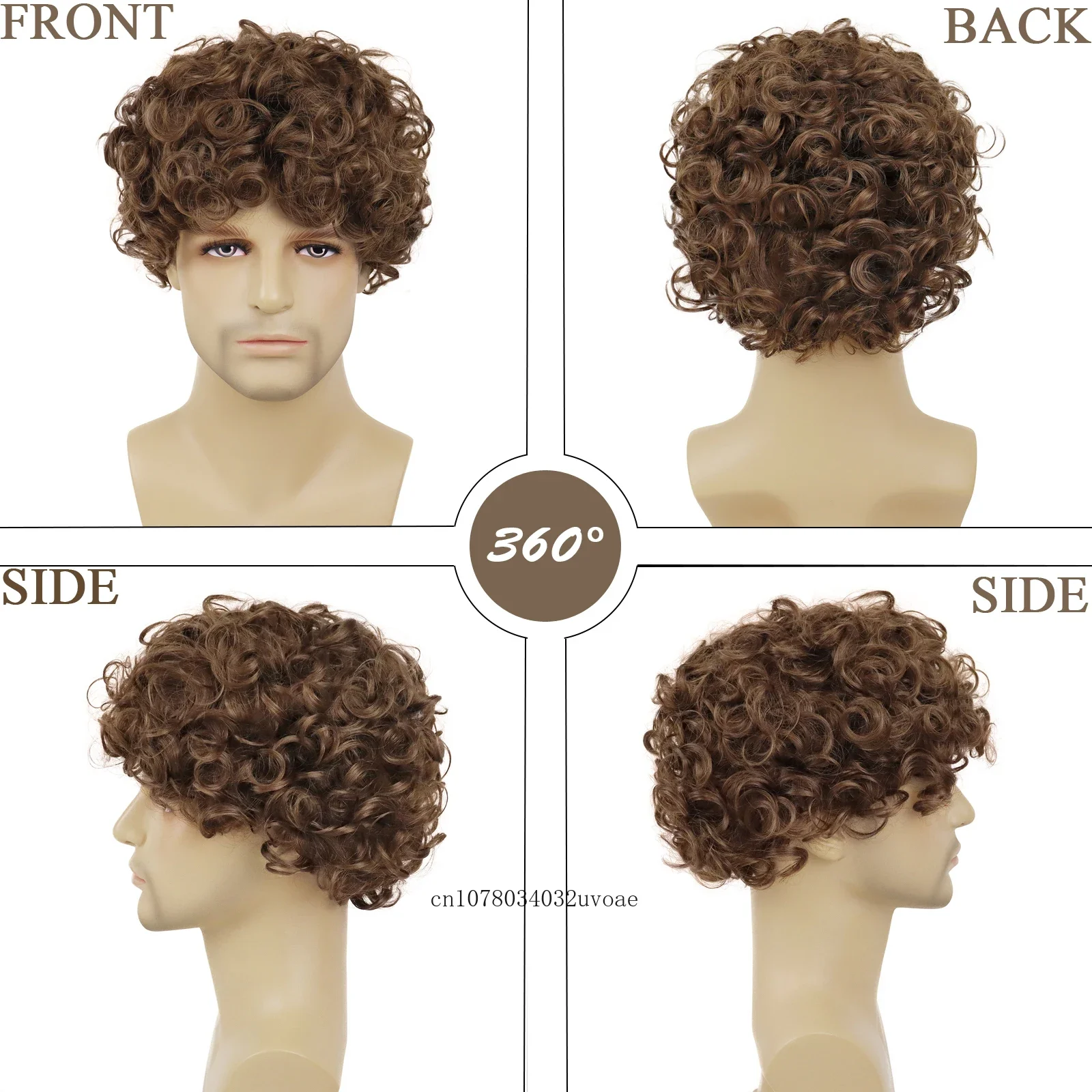 Mens Afro Curly Wigs Synthetic Brown Wig with Bangs Fashion Natural Fluffy Hairstyle Breathable Man Wig Daily Party Cosplay Use