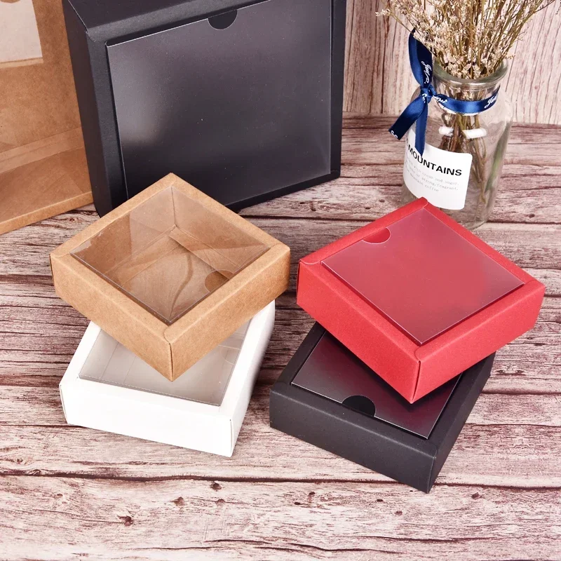 10pcs Square Kraft Paper Flip Box Transparent Frosted PVC Cover Carton Candy Desserts Cosmetic Soap Storage Packaging Boxes