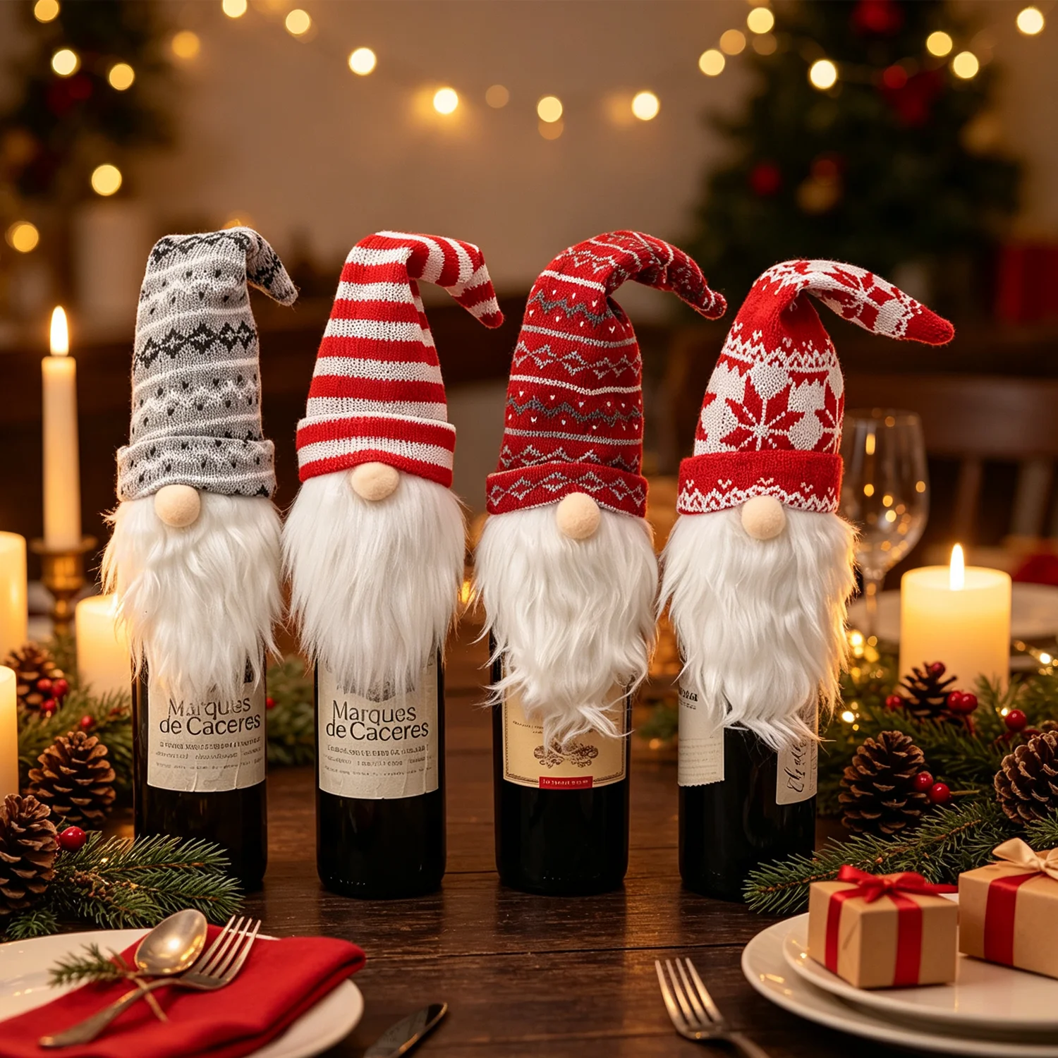 4 Pack Christmas Gnome Wine Bottle Toppers, Knitted Swedish Tomte Faceless Gnome Wine Bottle Covers with Fluffy Beard, Xmas