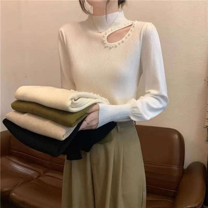 Autumn Winter New Hollowed Out High Collar with Long Sleeved Base Knit Sweater Top High-end Super Beautiful Sweater for Women