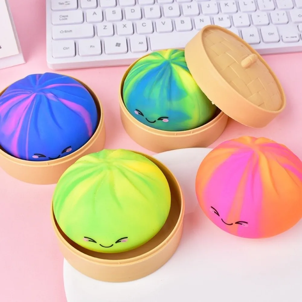 Rainbow Color Dumplings Squishy Toy with Steamer Slow Resilience Steamed Stuffed Bun Squishy Pinch Le Soft Fidget