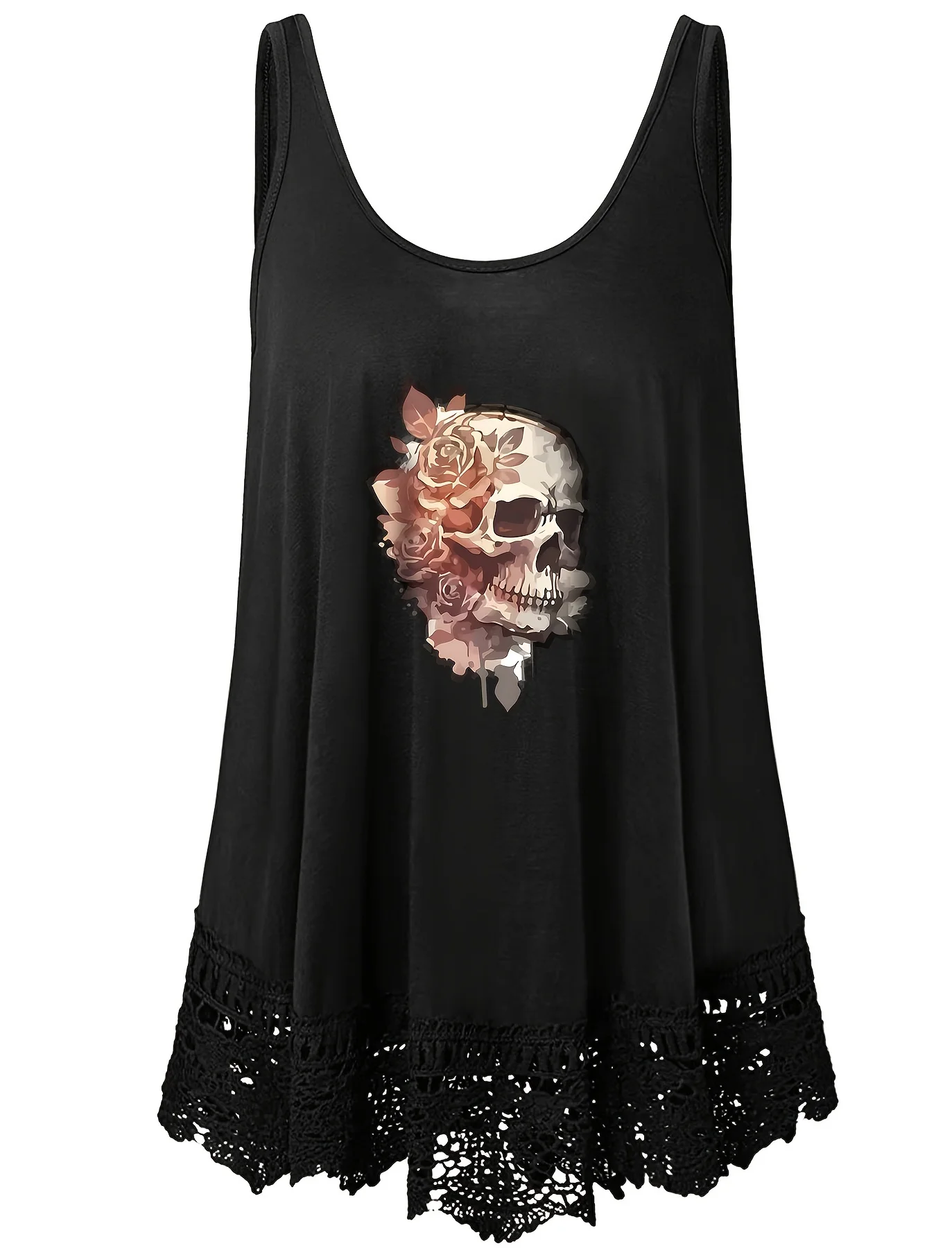 Camisetas sin mangas con estampado floral de calavera para mujer, tops informales con puntadas de encaje, tops sin mangas con cuello redondo, ropa de talla grande para primavera y verano