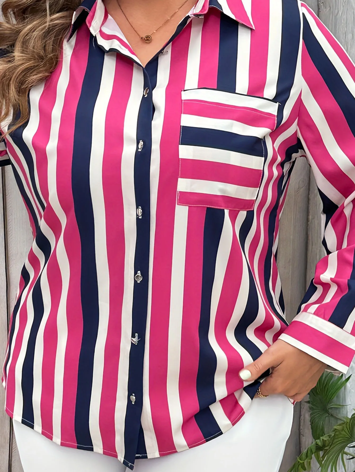 Plus Size Casual Blouse, Women\'s Plus Stripe Print Long Sleeve Button Up Lapel Collar Shirt Top