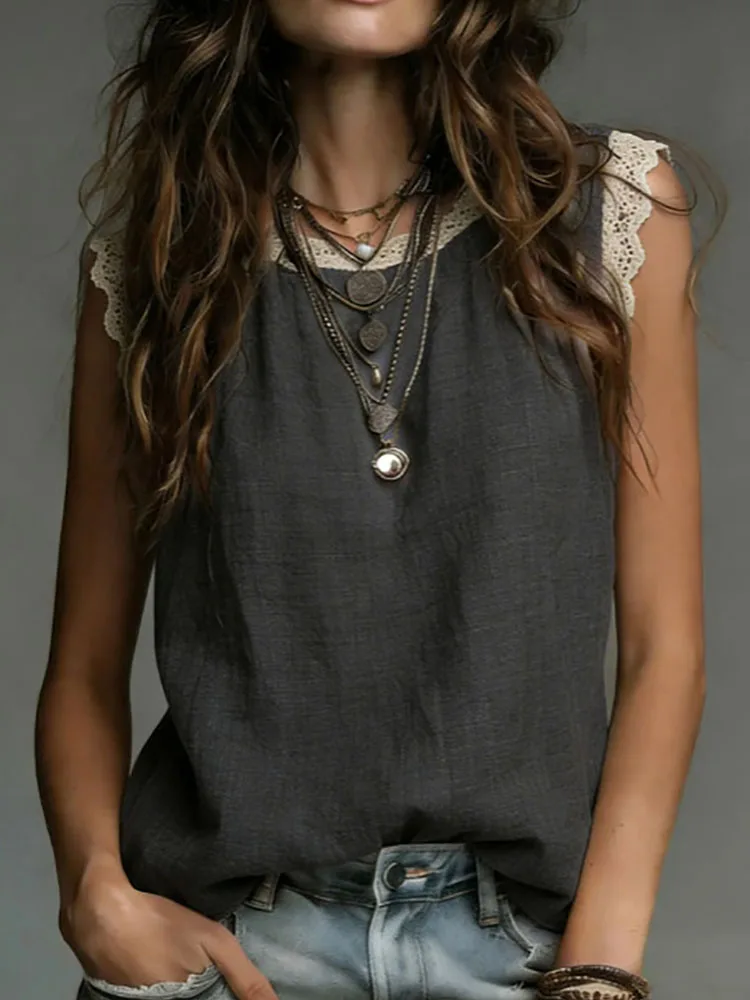Vintage Solid Slim Women's Tops Pullover Casual Round Neck Patchwork Lace Blouse Shirts New Summer Sleeveless Streetwear T-shirt