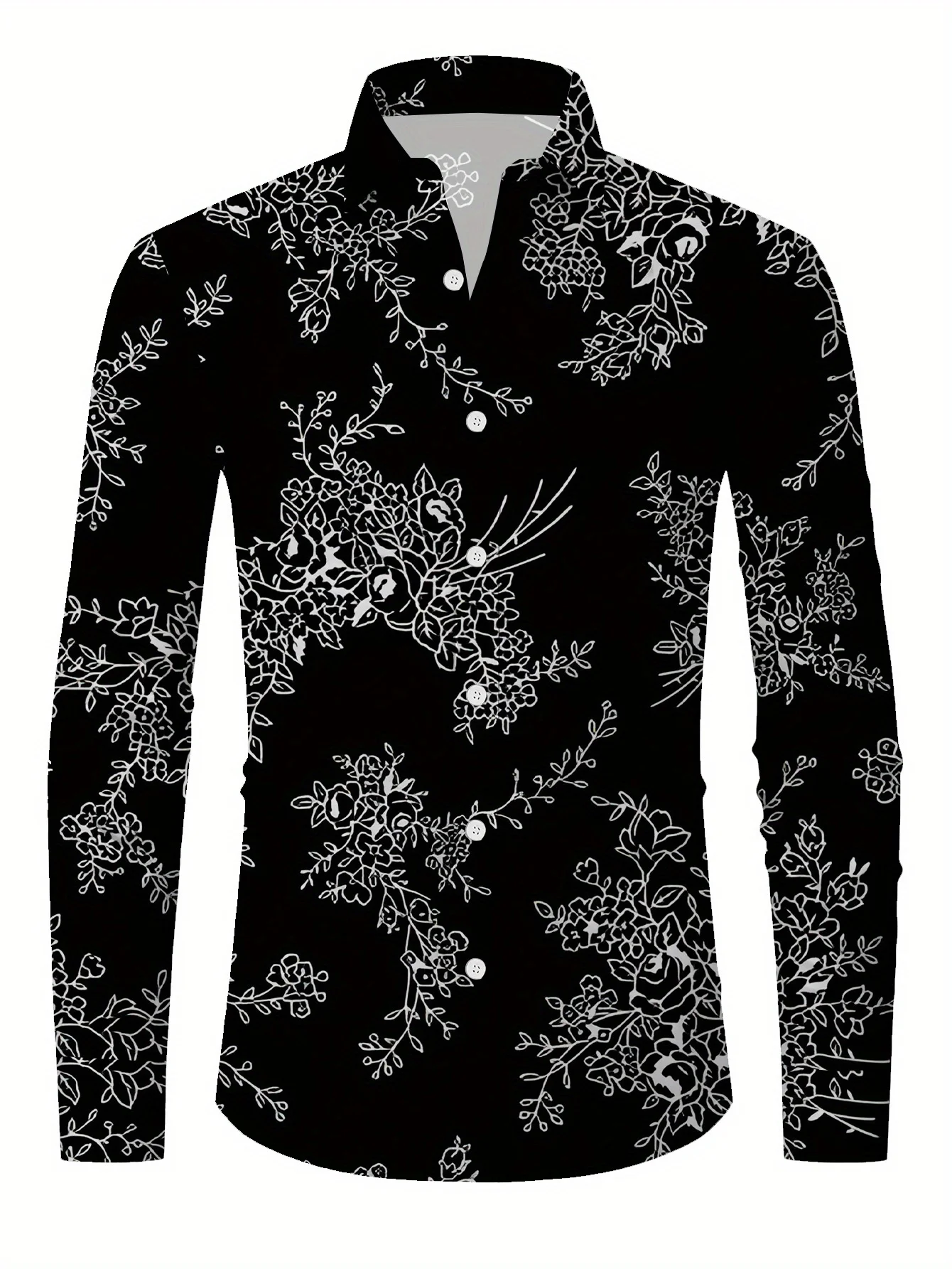

Men's Turquoise & Black Rose Floral Print Long Sleeve Shirt , Versatile Clothing, Bold Pattern, Solid Color Background,