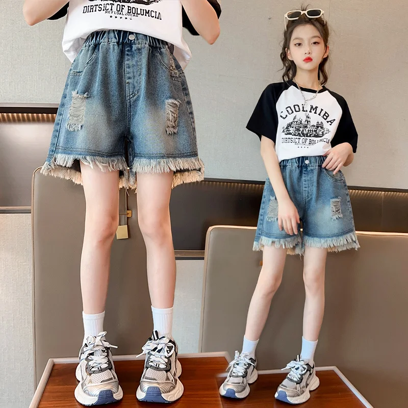 Hot Sale Kids Korean Ripped Denim Shorts with Tassel Teen Girls Elastic Waist Straight Leg Mini Jeans Tween Child Summer Shorts