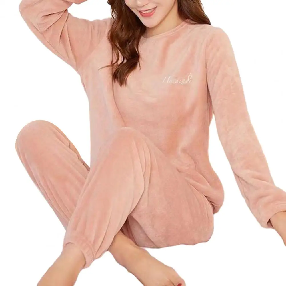 Conjunto de pijamas de invierno para mujer, ropa de dormir de felpa gruesa, Color sólido, cintura elástica, 2 piezas