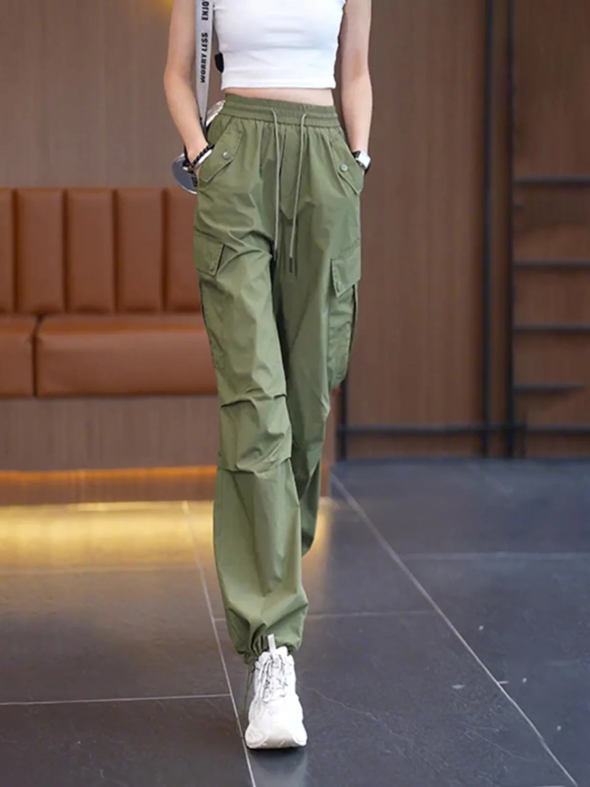 

American Style Military Green Work Pants Women's Spring Autumn Thin High Waist Wide Leg Quick Dry Sports Straight Leg Pants