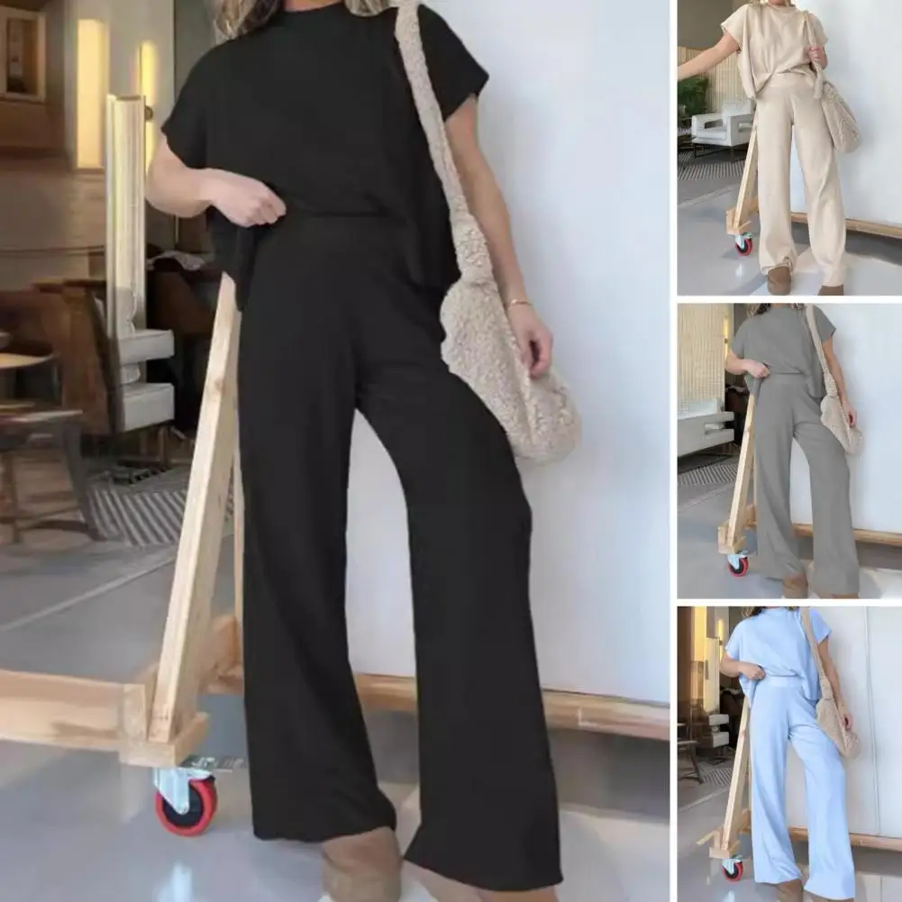 

Women Loose Fit Suit Elegant Women's Top Pants Set with Round Neck High Waist Wide Leg Design Soft Office Wear for A Stylish