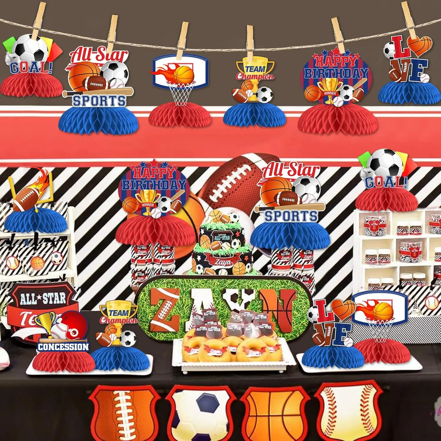 Sports Themed Honeycomb Centerpieces for Kids, Birthday Party Supplies, Soccer, Football, Basketball, Party Decor