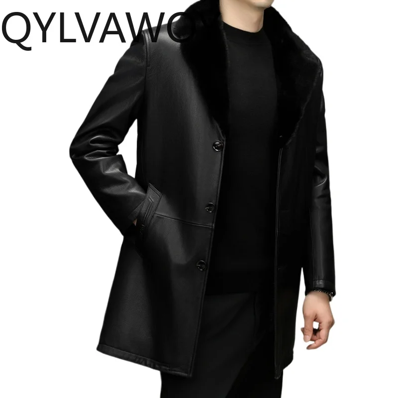 QYLVAWOY Luxury Genuine Goatskin Leather Jacket Men Autumn Winter Warm Mink Fur Liner Jacket Suit Collar Real Fur Coats Man 2026
