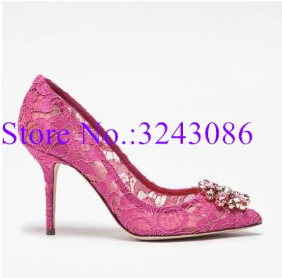 New Spring Lace Crystal Woman Pumps Sexy 6/9.5cm Heel Dress Shoes Thin Heel Pointed Toe Female Single Shoes Office High Heels