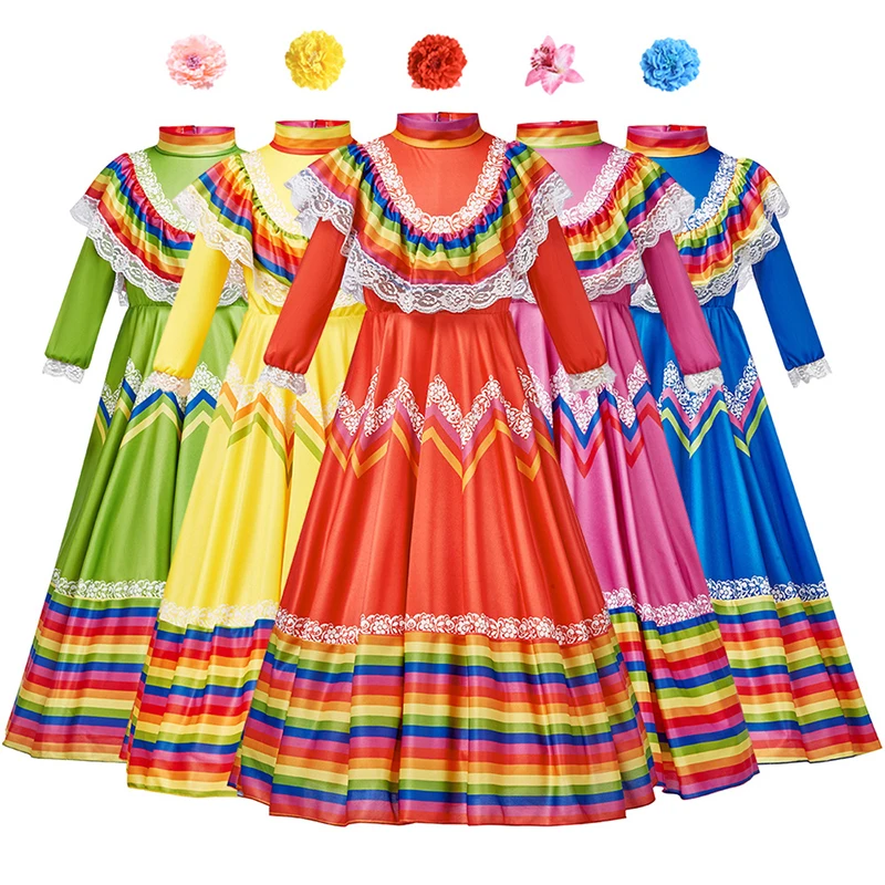 Traditional Folk Mexican Stage Performance Dress Girls Spain Flamenco Costume Mexican Festival Celebration Big Swing Dance Dress