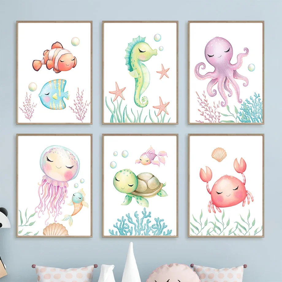 Fish Octopus Seahorse Turtle Ocean Nursery Wall Art Canvas Painting Nordic Posters And Prints Wall Pictures Girl Kids Room Decor