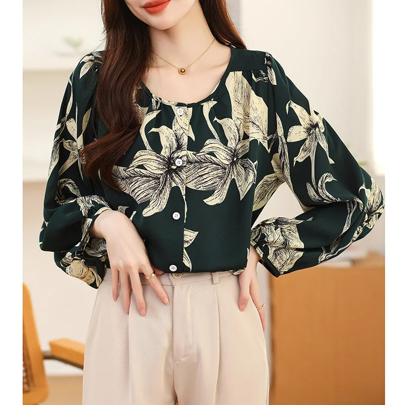 Women Korean Version O-neck Long Sleeve Chiffon Shirt Spring Summer Fashion Elegant Floral Print Blouses Casual Loose Button Top