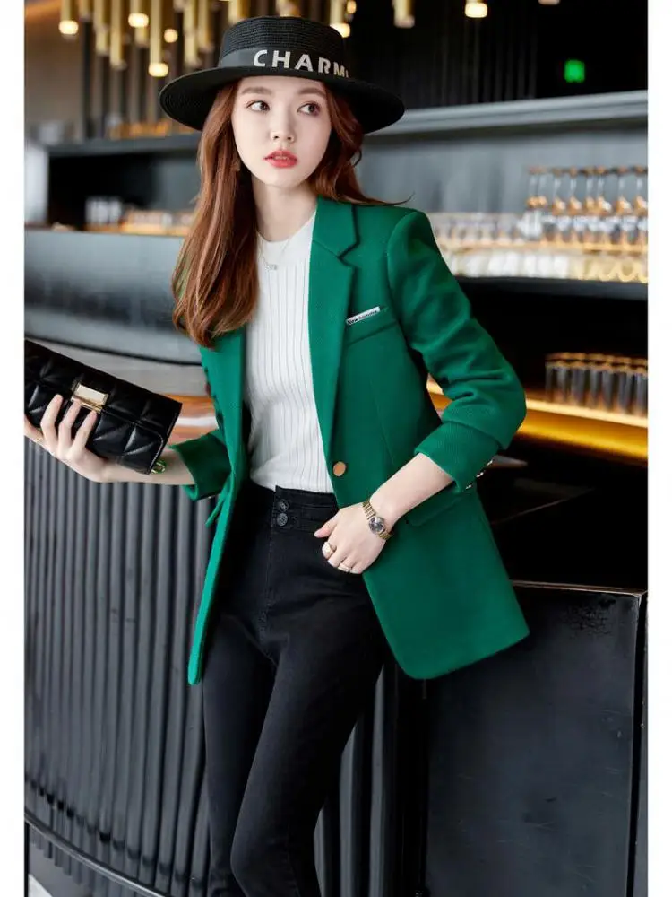 Woman Fashion Casual Vintage Solid Color Chic Elegant Classic Single Breasted Temperament Simple Woolen Blazer Tops Coat Korean