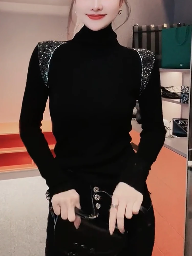 

Slimming High Collar Knitwear Warm Winter Faion Top for plus Size Women Glittering Diamond Design Commute Korean ...