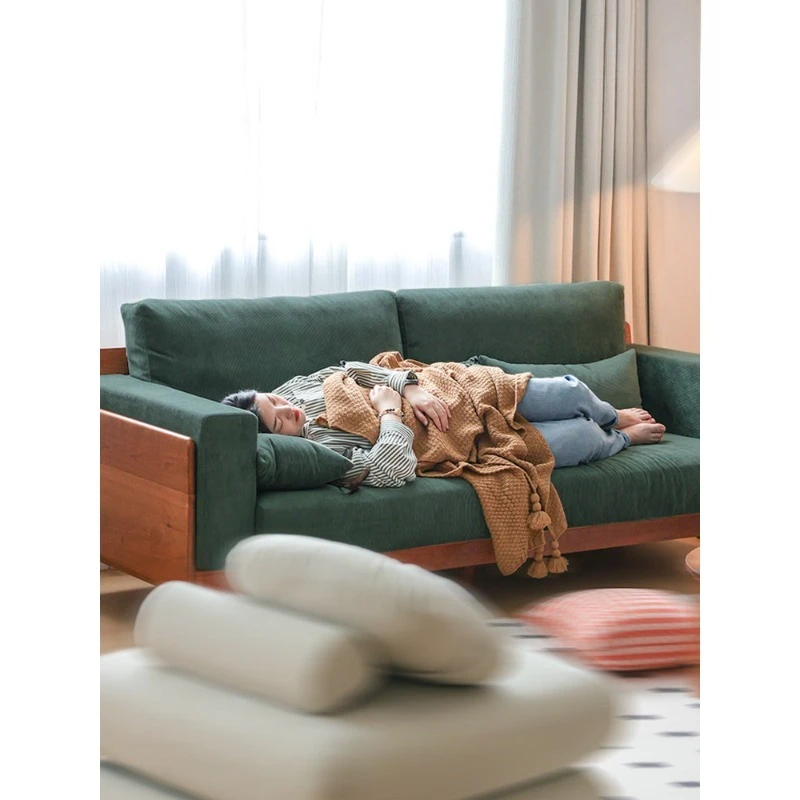 Cherry solid wood fabric sofa, corduroy three-person sofa