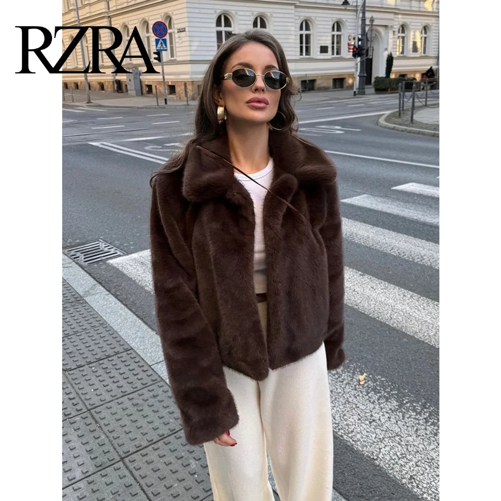 RZRA2024 invierno nueva mujer solapa de manga larga suave efecto piel artificial chaqueta abrigo temperamento de moda versátil