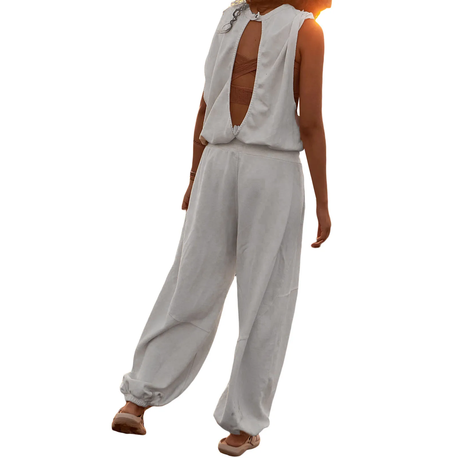 Vrouwen Effen Kleur Zomer Casual Jumpsuits Ronde Hals Mouwloze Rug Uitgehold Losse Lange Rompertjes Mode Trekkoord Playsuits