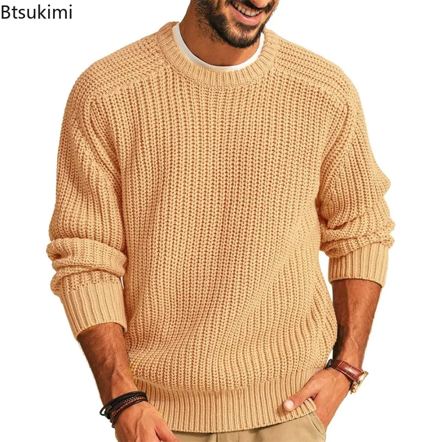 2025 الخريف الشتاء الرجال جديد بلون طويلة الأكمام طاقم الرقبة محبوك سترة الذكور موضة عادية فضفاض Vintage متماسكة البلوز