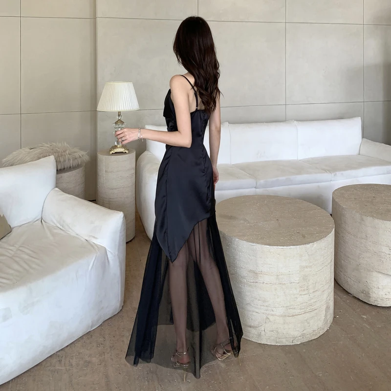 Black Camis Dress Women Summer Sexy Mesh Patchwork Irregular Dress Korean Fashion Pleated Slim All Match Spaghetti Strap Vestido