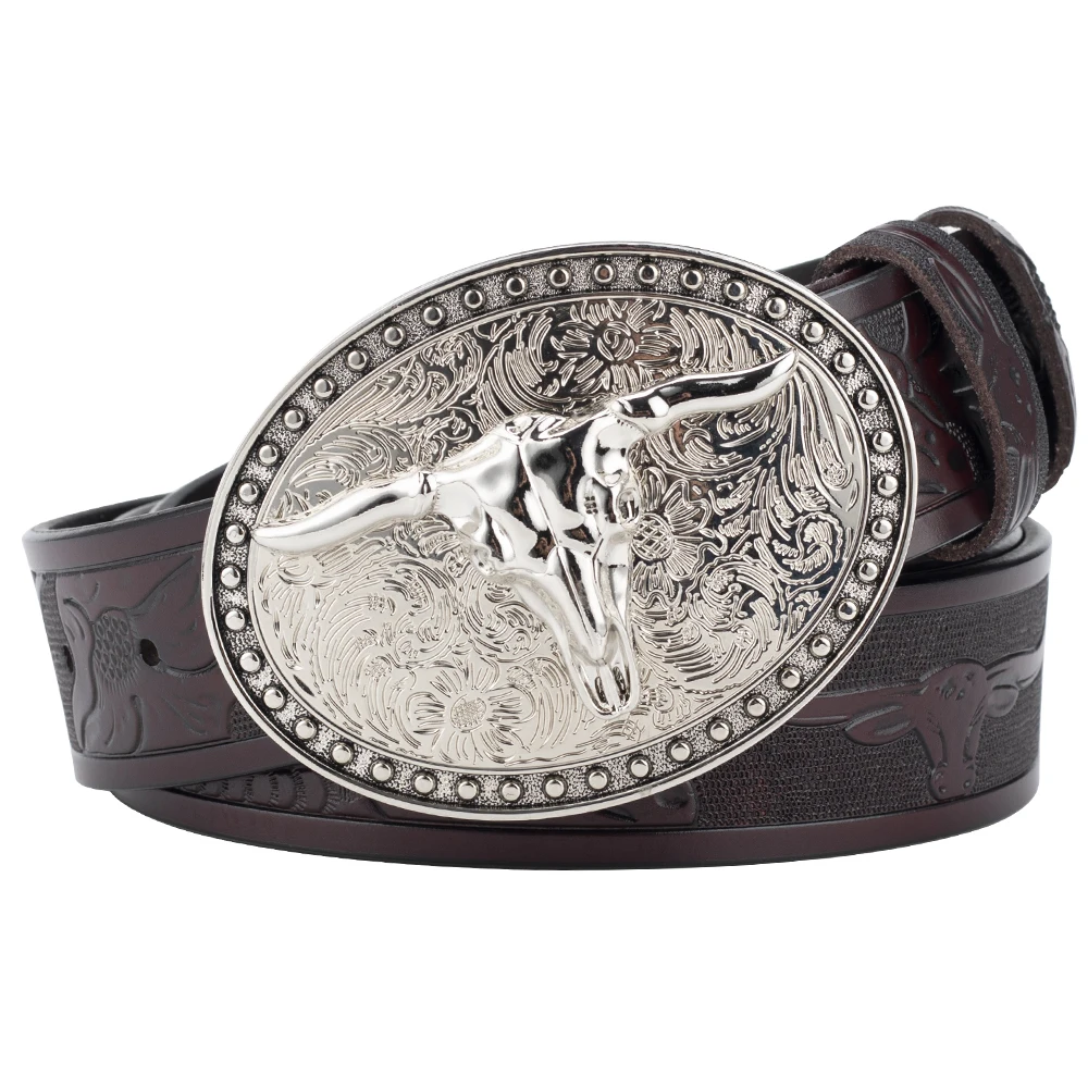 

Ｍen's Embossed Leather Belt Cow Head Buckle Retro