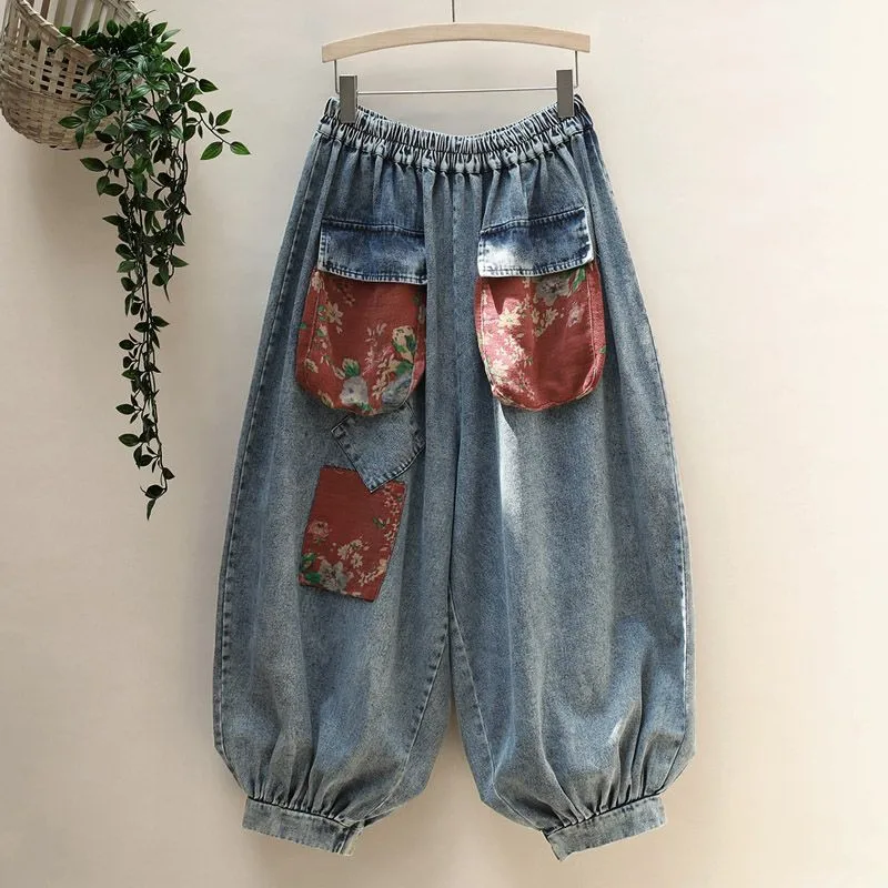 New Arts Style Spring Autumn Women Elastic Waist Cotton Denim Wide Leg Pants Double Pocket Design Vintage Loose Jeans C720