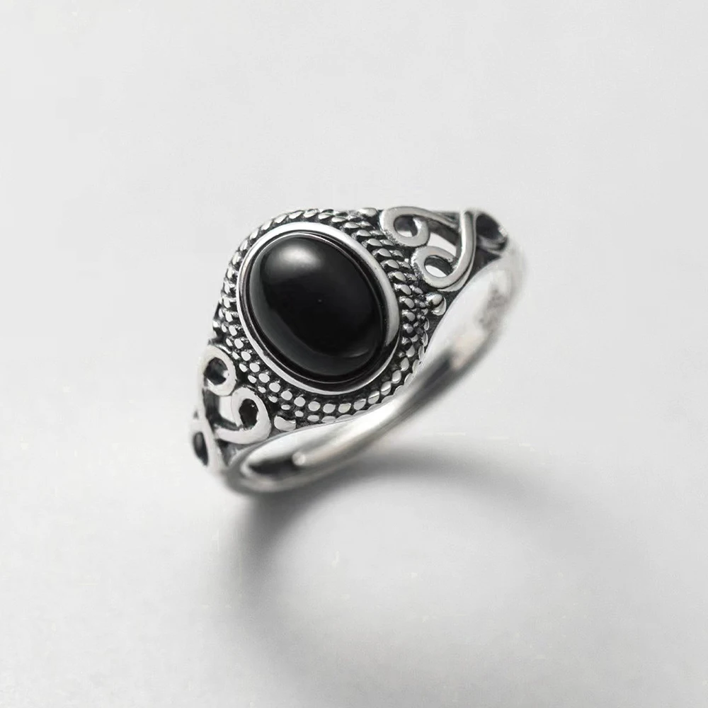 

S925 sterling silver black onyx rings adjustable design women for jewelry ring natural stone classic silver rings Men Gifts