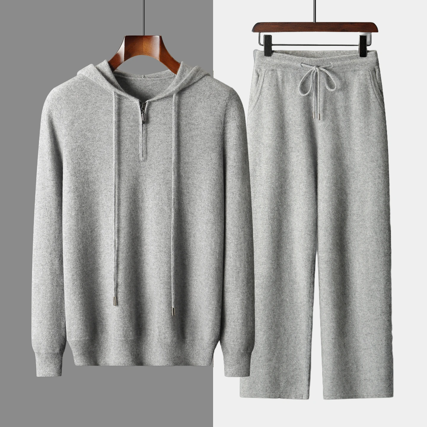 Casual Men 100% Cashmere Knit Set Half-Zip Hooded Pullover Sweater Ankle-Length Pants Soft Warm Tracksuit Autumn Winter Daily view 2