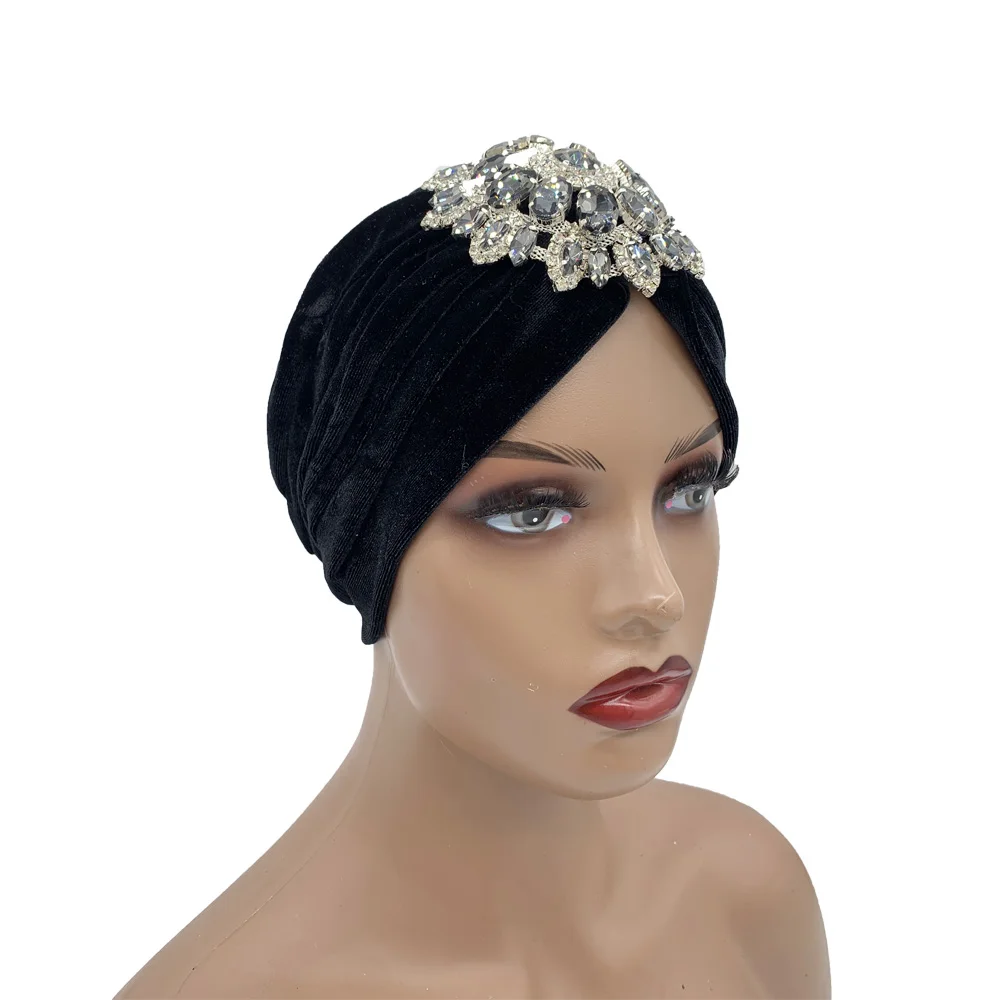 Luxury Rhinestone Velvet Turban Caps for Women Diamonds Headscarf Bonnet India Cap Muslim Headwear Hat Turbante Mujer