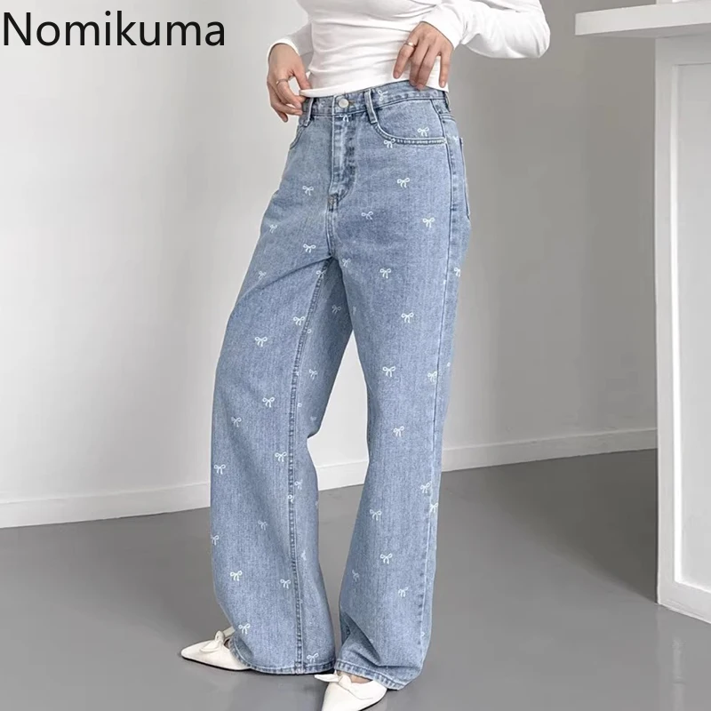 

Vintage High Waisted Jeans Fashion Trousers Sweet Bow Print Straight Y2k Wide Leg Pants Streetwear Casual Denim Pantalon Femme