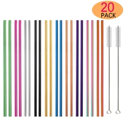 Dropship 10 Colors Metal Drinking Straws 20Pcs Colorful Reusable 304 Stainless Steel Straws Set with 2 Brush for Bar Drinkware