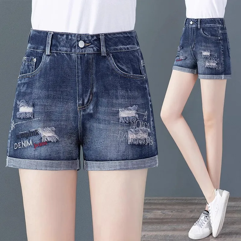 

Джинсовые шорты с высокой талией и вышивкой, женские, летние, тонкие, новые, свободные, широкие, А-силуэт, пятидюймовые, утягивающие, универсальные