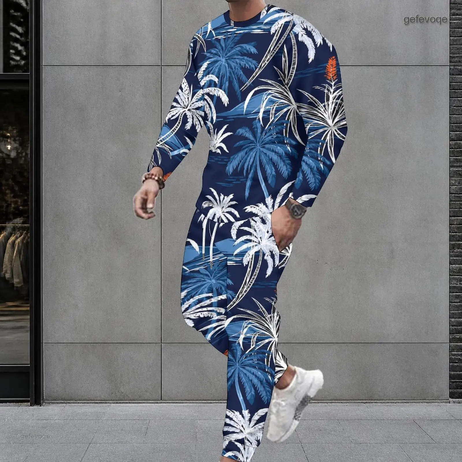 Men Navy Blue Palm Tree Printed Round Neck Long Sleeve Top And Cuffed Pants Two Piece Set