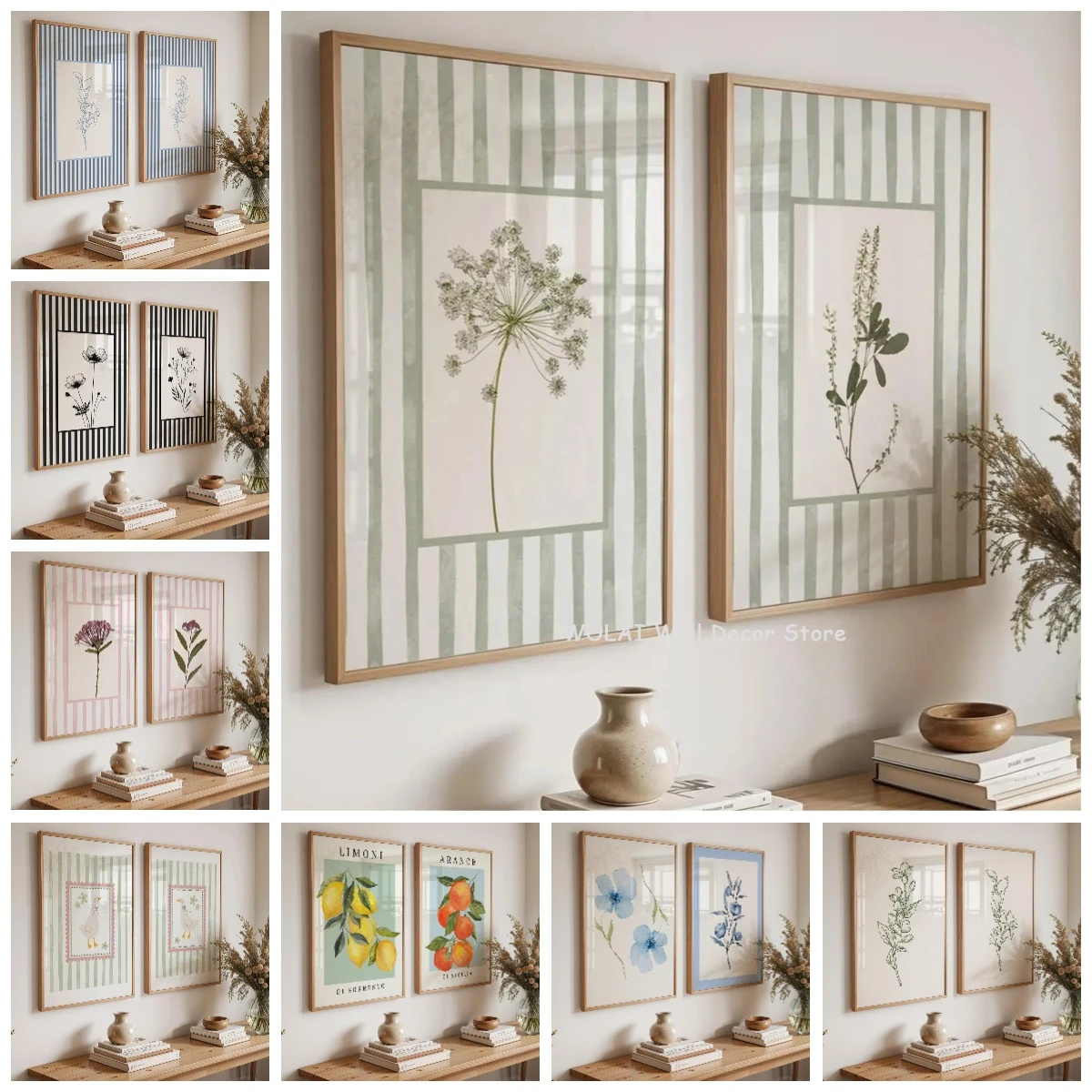 2pcs/set Sage Green Floral Canvas Prints Lemon & Orange Rustic Style Plant Black Stripes Wall Art Poster for Living Room Decor