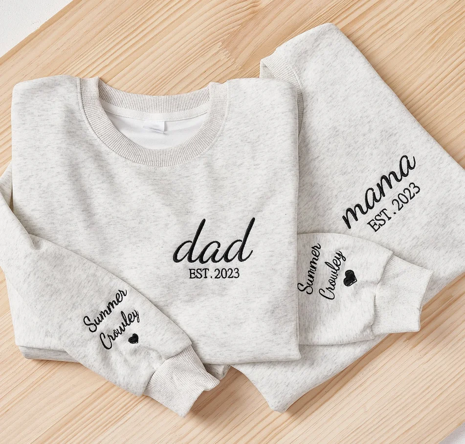 Custom Embroidered Sweatshirt, Kids Name On Sleeve With Heart, Grandpa Shirt With Date, Daddy Est Year Shirt, Gift For New Dad