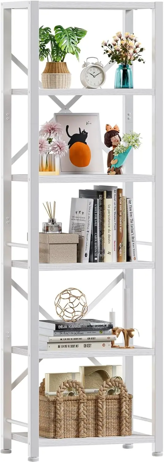 

Modern White Tall Bookshelf with 6 Shelves, Freestanding Metal and Wood Storage Rack for Living Room, Office, Hallway