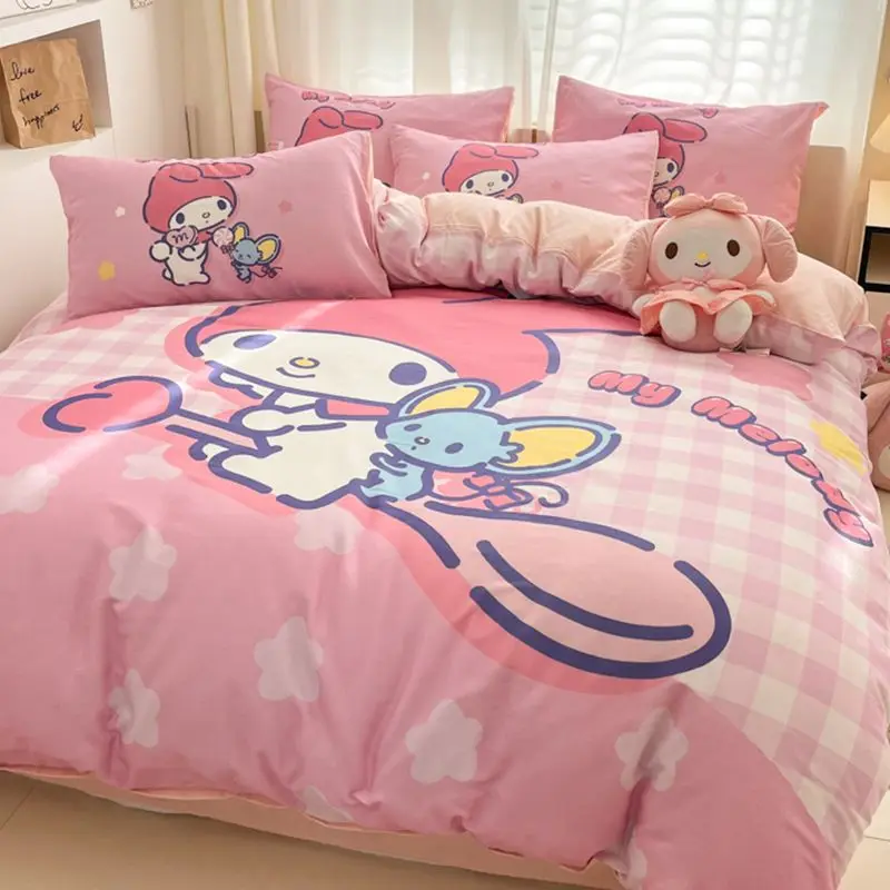 

Натуральная большая версия Melody, 100% хлопок, комплект постельного белья из 4 предметов Sanrio для девочек, пододеяльник, простыня, наволочка, комплект из 3 предметов