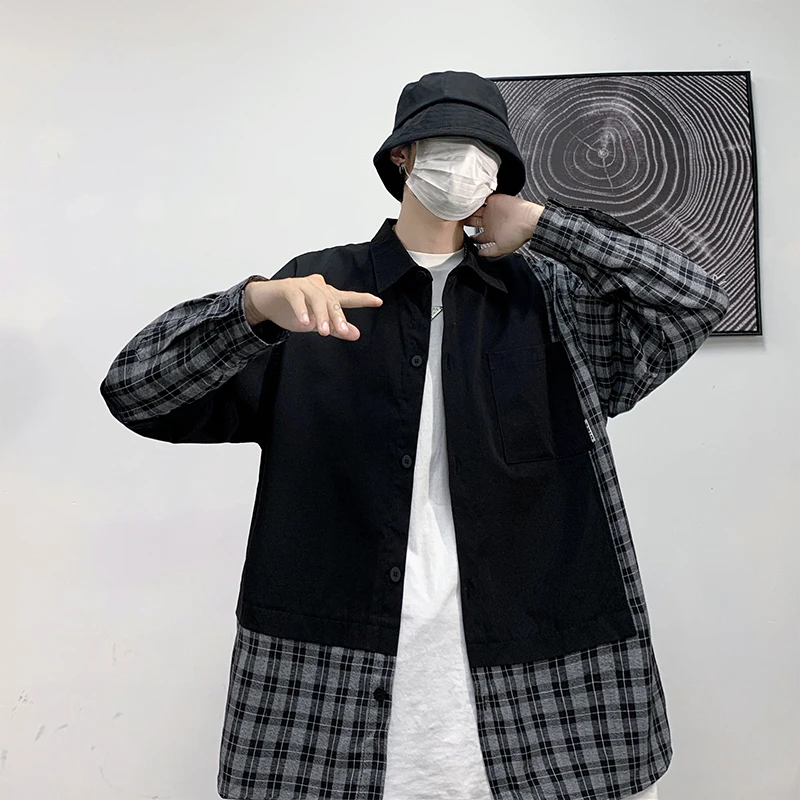 

American Retro Plaid Long Sve Men's irt Vintage Splice Trendy Japanese Sle Patchwork Slim Fit Youthful Autumn Faion