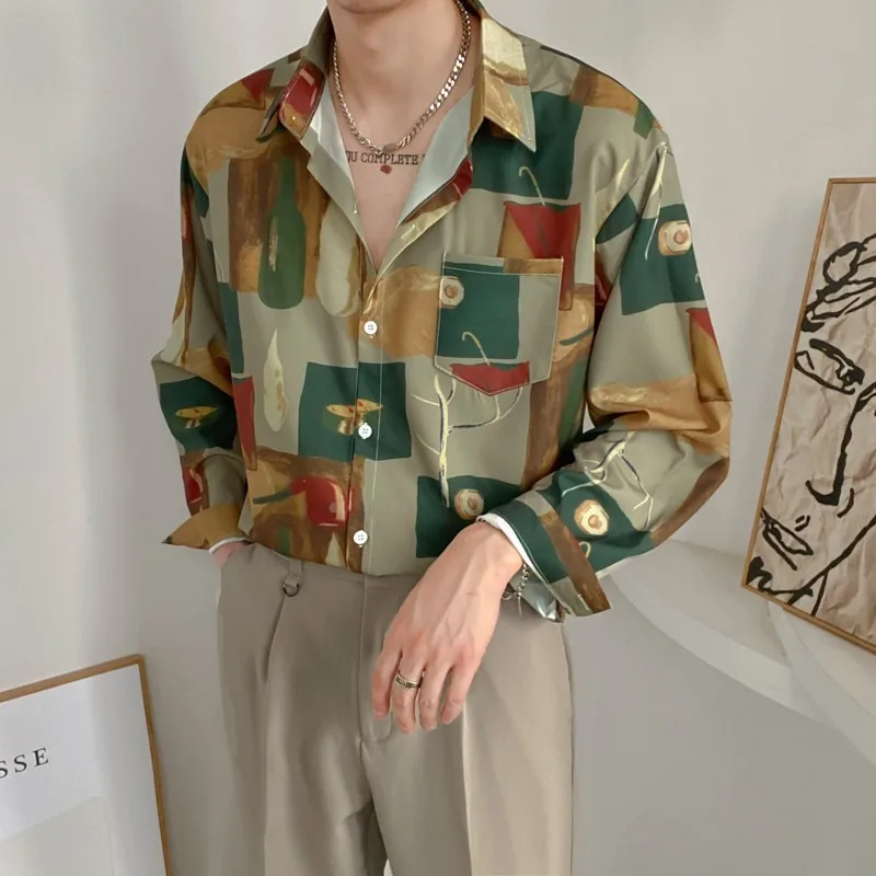 Men Summer Fashion Loose Design Geometric Printing Shirt Tops Retro Oil Painting Harajuku Casual Long-sleeved Shirt Daily Wear