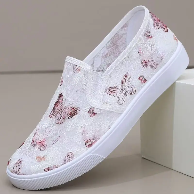 

Women's Summer New Mesh Print Casual Shoe Soft Sole Non Slip Shallow Slip On Round Toe Flat Sole Walking Shoes Driving Shoes