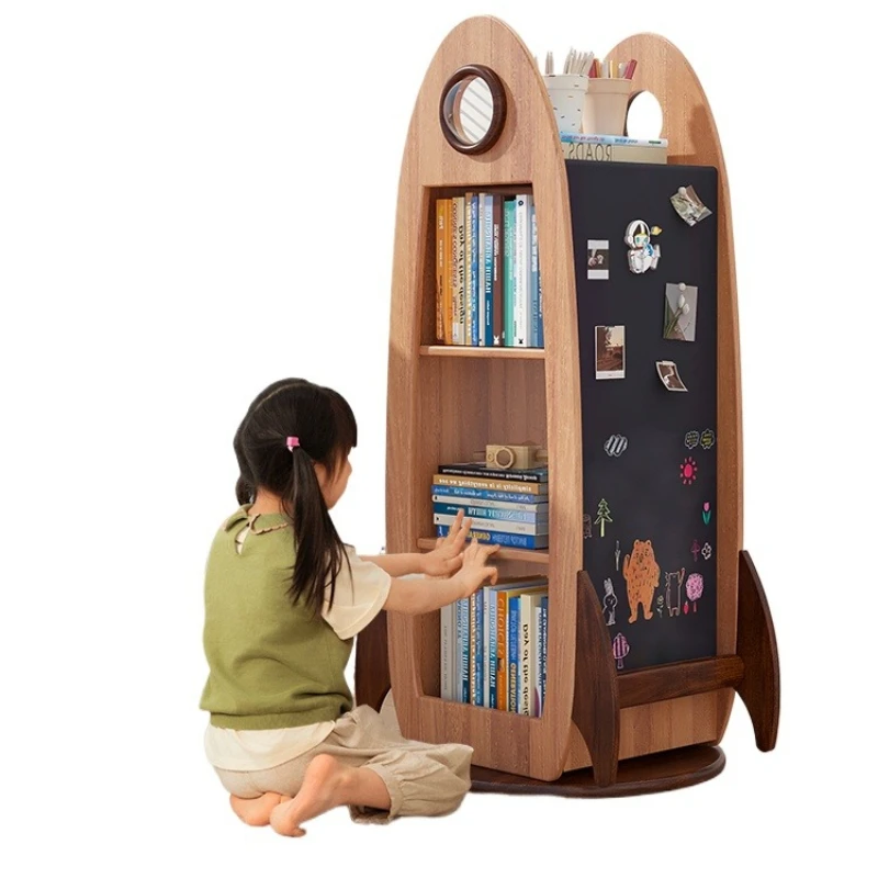 Rocket children's rotating bookshelf solid wood 360-degree multi-layer picture book shelf display rack baby storage