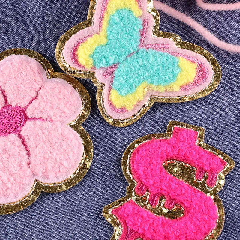 New Fashion Pink Chenille Embroidery Butterfly Flower Applique Letter Patches Embroidery Badge Clothes Iron-on Patches Emblem