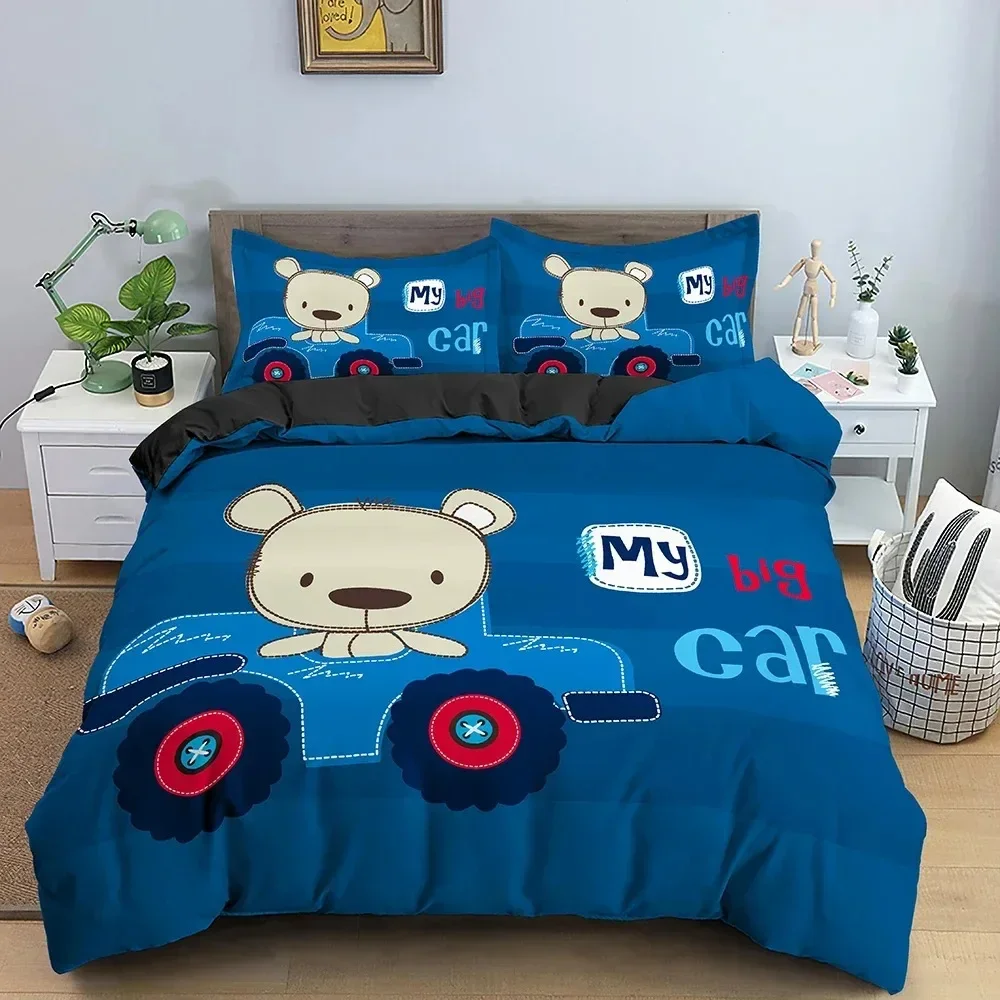 3d impressão dos desenhos animados urso e carro conjunto de cama meninos meninas gêmeo rainha tamanho capa edredão fronha cama crianças adulto têxteis para casa