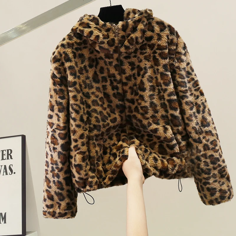

Korean Sle Heavy Work Leopard Print Hooded Fur Jaet Loose Faionable Top Women's Long Sve Mid-Length Coat