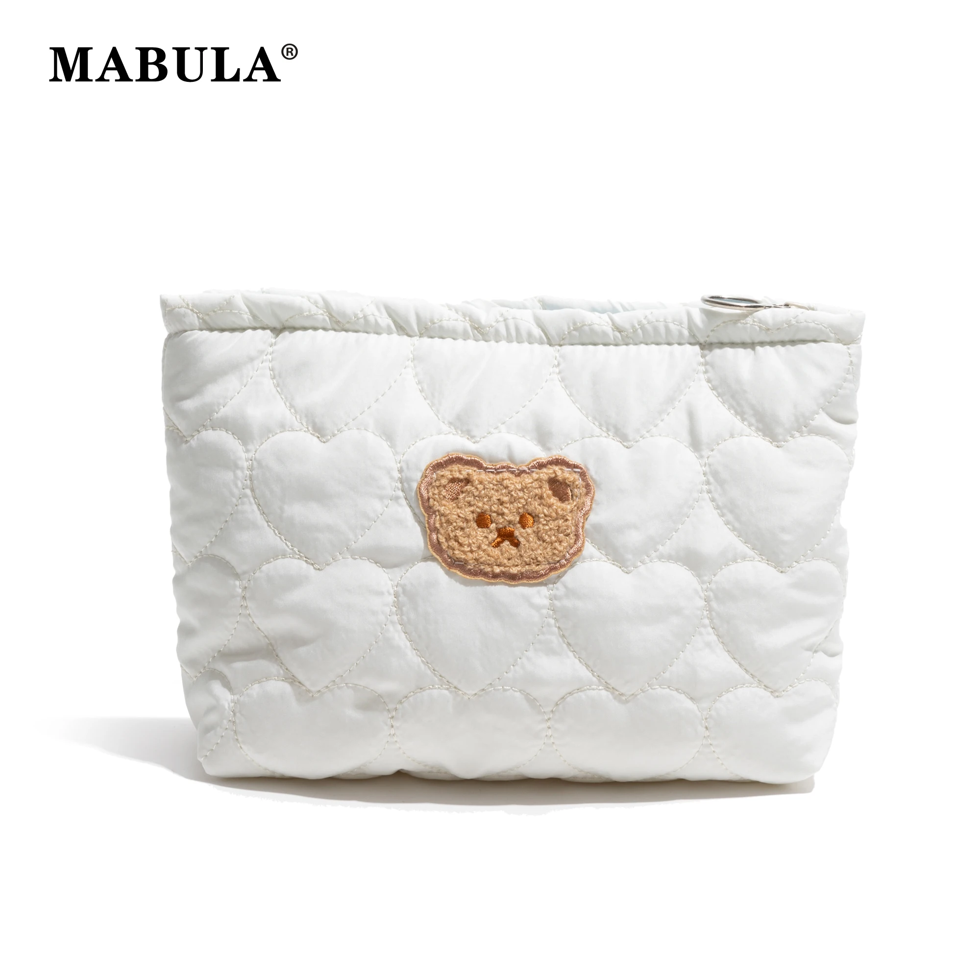 

MABULA Nylon Padded Down Clutch Bag Cute Bear Makeup Pouch Solid Color Women's Travel Lightweight Portable Wash Cosmetics Bag