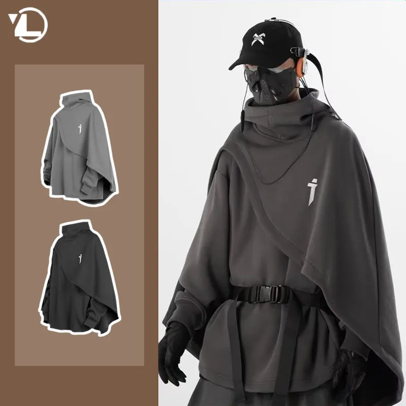 Mens Cloak Hoodies Autumn Street Fashion Fake Two Pieces Cape Jacket Functional Punk Hooded High Collar Pullover Heavyweight