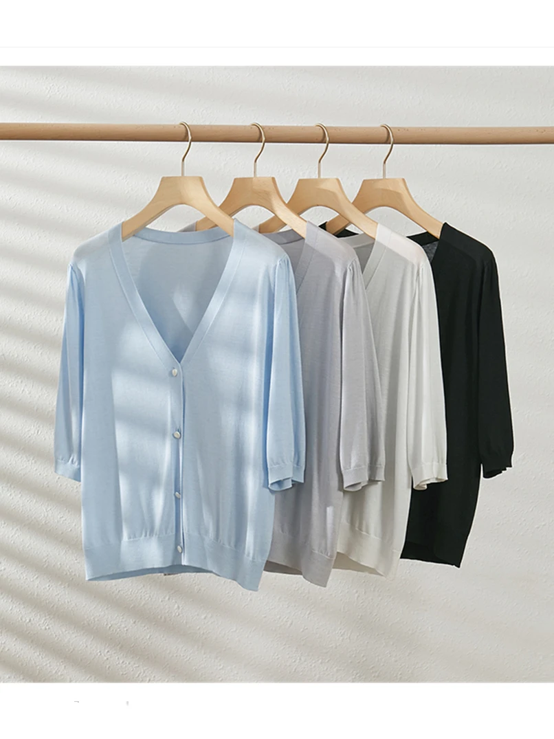 

Весна-Лето 2025: Женский повседневный универсальный тонкий вязаный кардиган с V-образным вырезом из ацетата, верхняя одежда для кондиционированных помещений