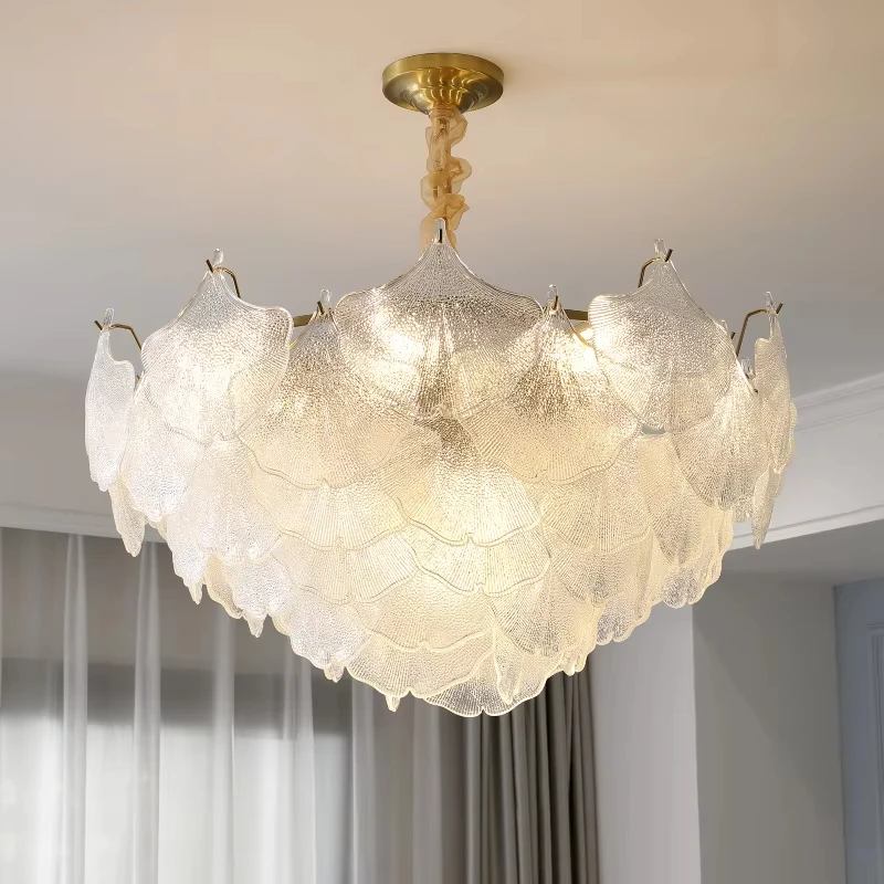 French Style Light Luxury Master Bedroom Lamp With Cream Wind Ginkgo Leaf Glass Modern Minimalist Room Full Spectrum Ceiling L